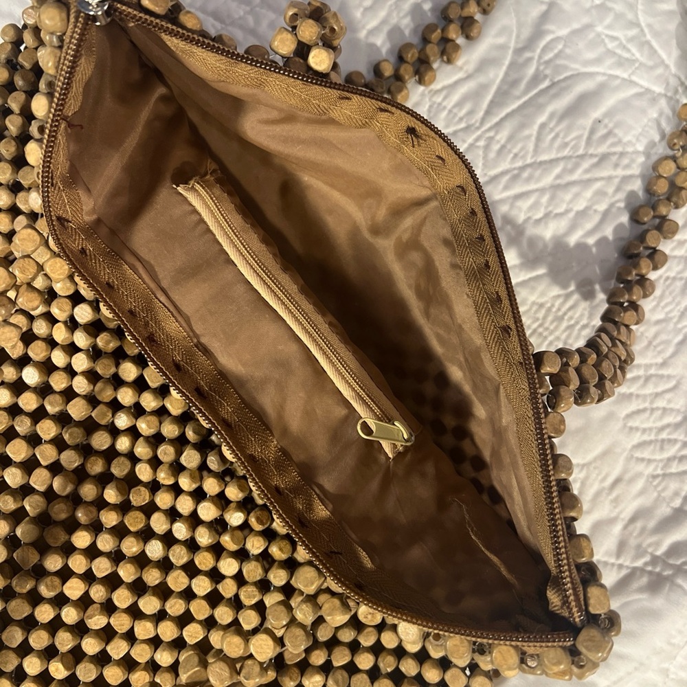 Wood Bead Purse Natural Color 12” x 11” with 11” handle - Picture 5 of 12